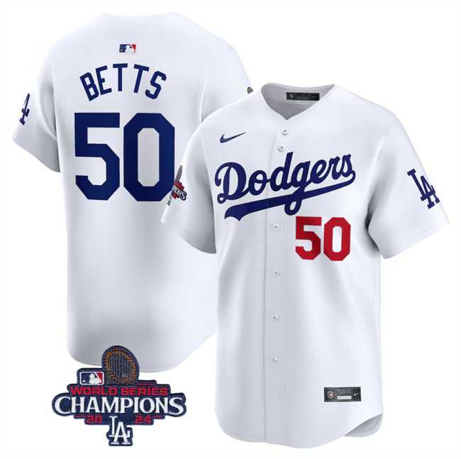 Men's Los Angeles Dodgers #50 Mookie Betts White 2024 World Series Champions Home Limited Stitched Baseball Jersey,We sell and wholesale Men's Los Angeles Dodgers #50 Mookie Betts White 2024 World Series Champions Home Limited Stitched Baseball Jersey on line form chian!